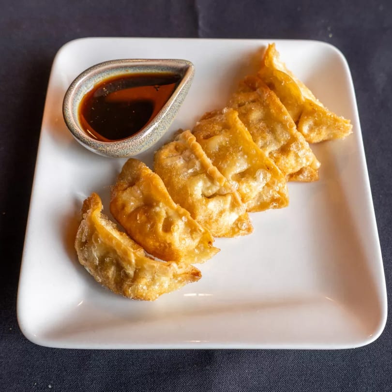 Golden-fried dumplings arranged on a white rectangular plate with a side of dark dipping sauce.